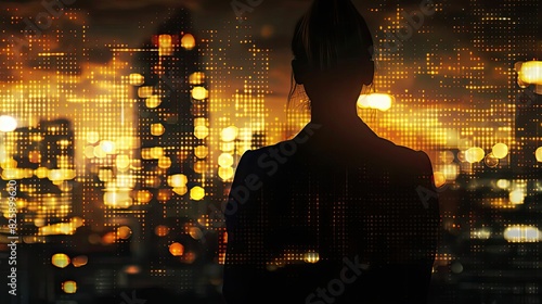 Silhouette of a person against a glowing city nightscape, representing futuristic urban lifestyle and technology advancements. © PBMasterDesign