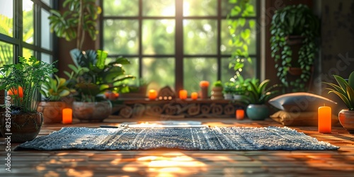 Living room with rug, candles, plants, large window