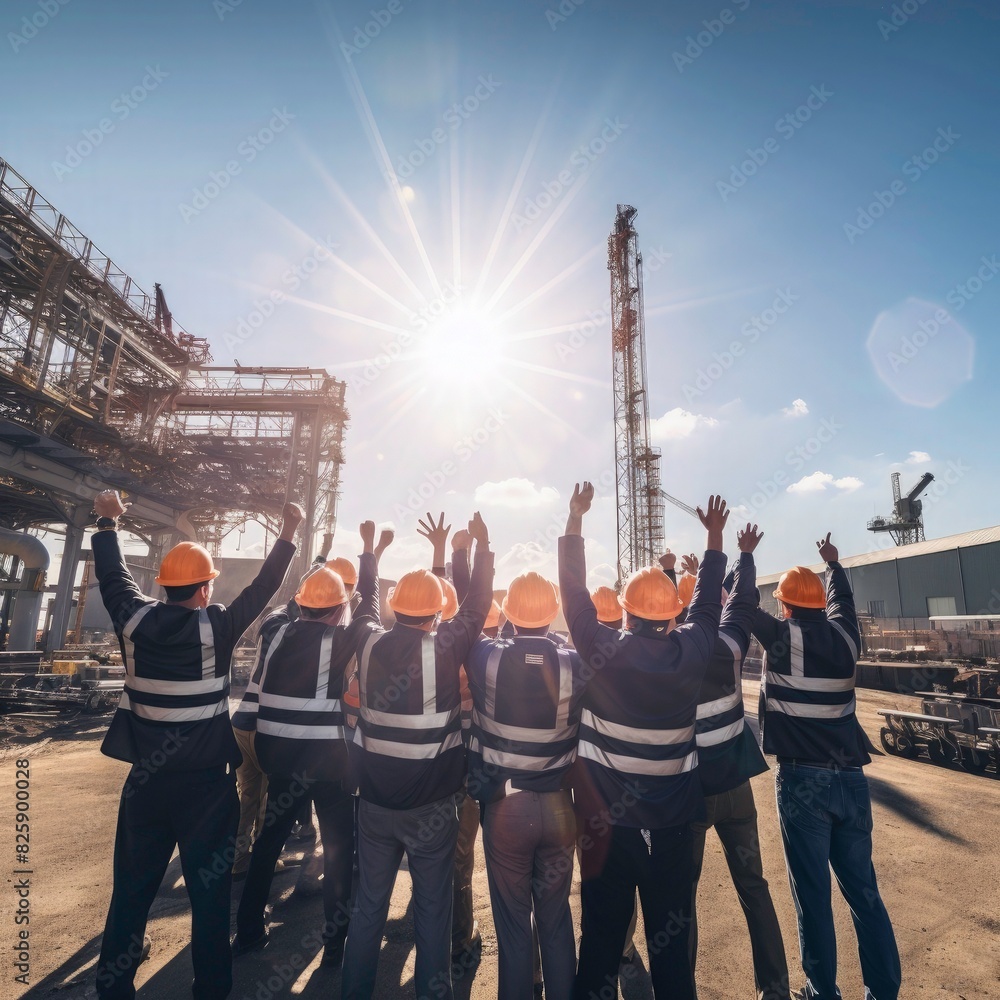 Fototapeta premium Labour day concept. Group of engineers wearing helmets and business suits, standing in a full-body view. Raising hands in celebration against the backdrop of an industrial factory with copy space for 