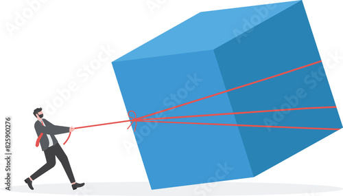 Focus and try. Businessman dragging big box

