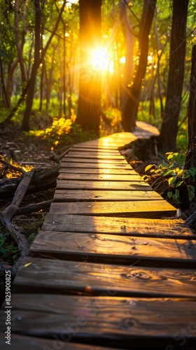 A wooden pathway winding through a sunlit forest  with warm golden light filtering through the trees  creating a peaceful and inviting scene.