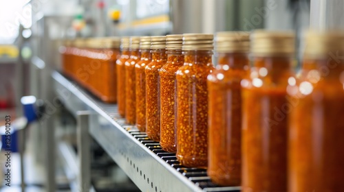 The factory produces bottled chili powder on a conveyor belt