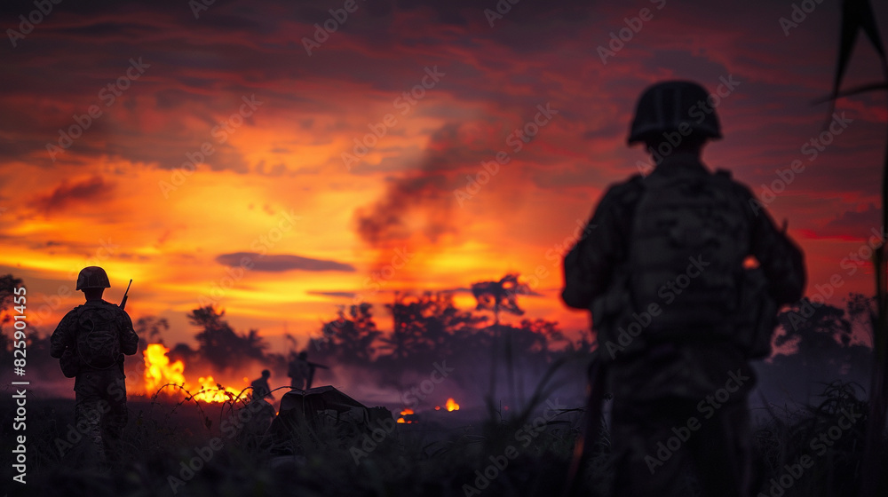 Silhouetted soldiers walk through a battlefield at sunset, with dramatic orange and red skies and distant fires, evoking a sense of intensity and bravery.