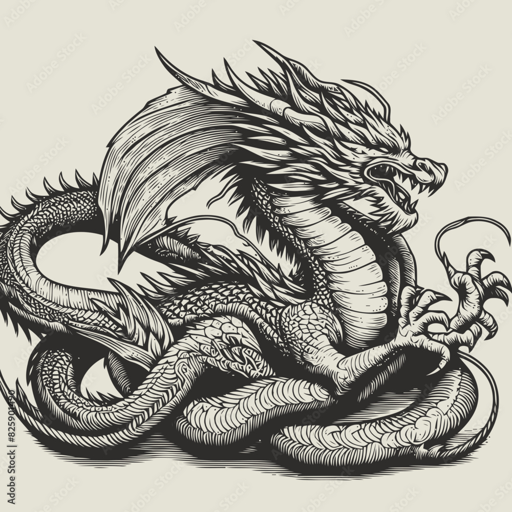 dragon illustration with engraving style dragon illustration with engraving style