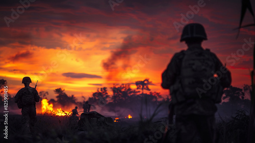 Silhouetted soldiers walk through a battlefield at sunset  with dramatic orange and red skies and distant fires  evoking a sense of intensity and bravery.