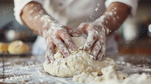 Bread baker kneading dough, close-up of hands kneading dough, emphasize tradition