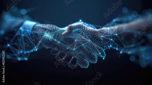 Futuristic digital handshake with neural network connections, symbolizing advanced technology, innovation, and collaboration in virtual environments.