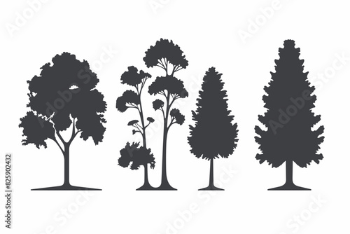 Silhouette tree set. Side view, set of graphic trees elements outline symbol for architecture and landscape design drawing. Vector illustration	