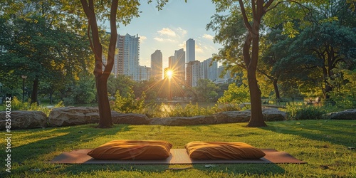 Pillows placed on a yoga mat at a park, with a cityscape in the background