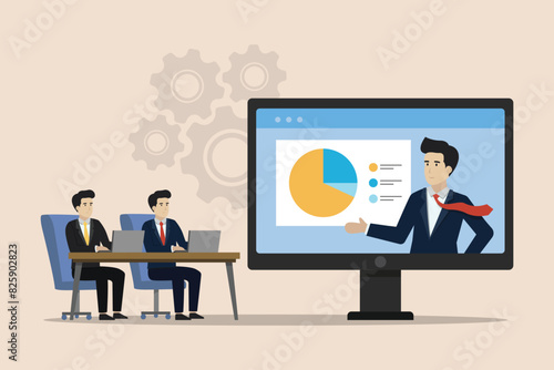 Online meeting, webinar training, business training concept, businessman having online discussion with superior using laptop.