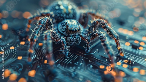 Digital a spider is crawling on a computer chip