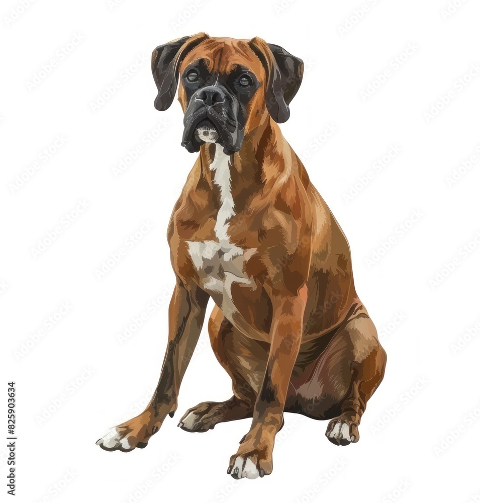 Adorable Boxer Dog Sitting and Looking Alertly Isolated on White Background - Generative AI