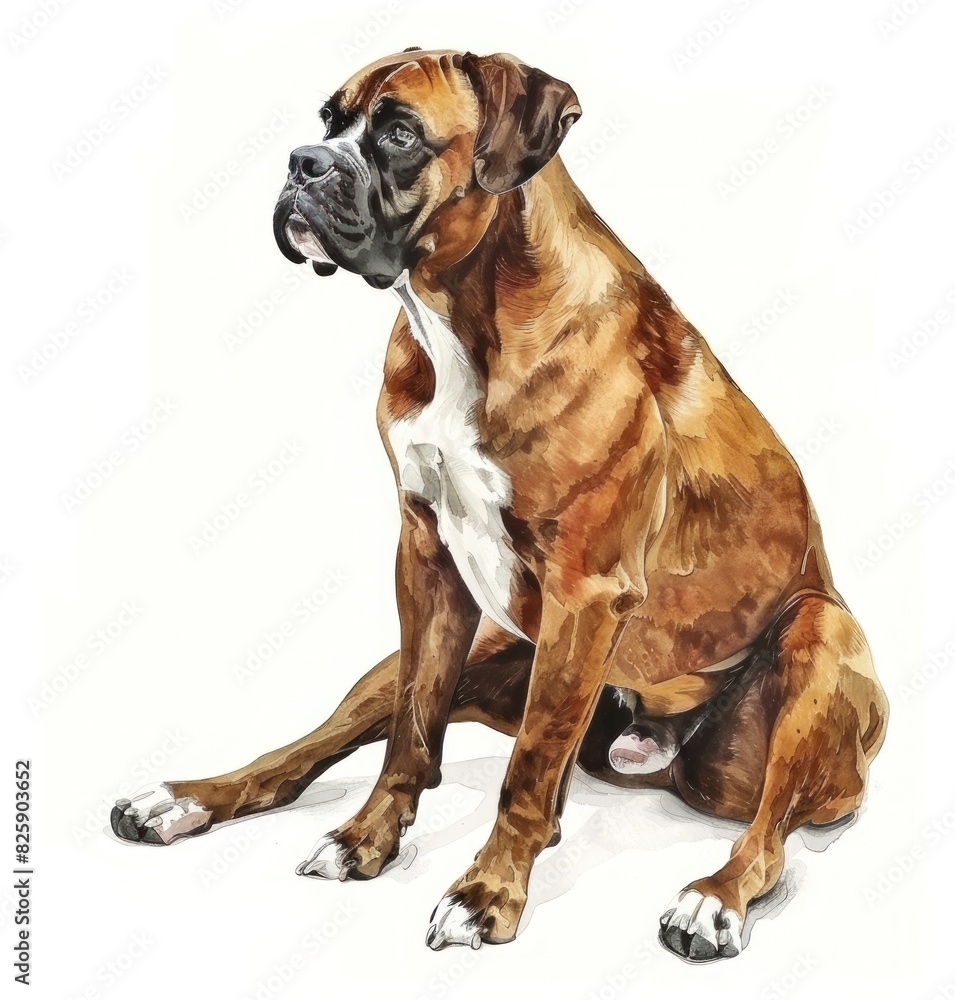 Adorable Boxer Dog Sitting and Looking Alertly Isolated on White Background - Generative AI
