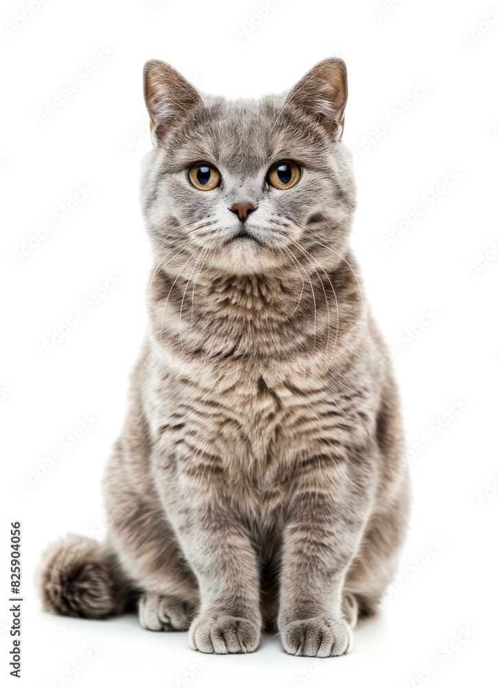 Obraz premium Adorable Gray Kitten Sitting and Looking Curiously at Camera Against White Background - Generative AI