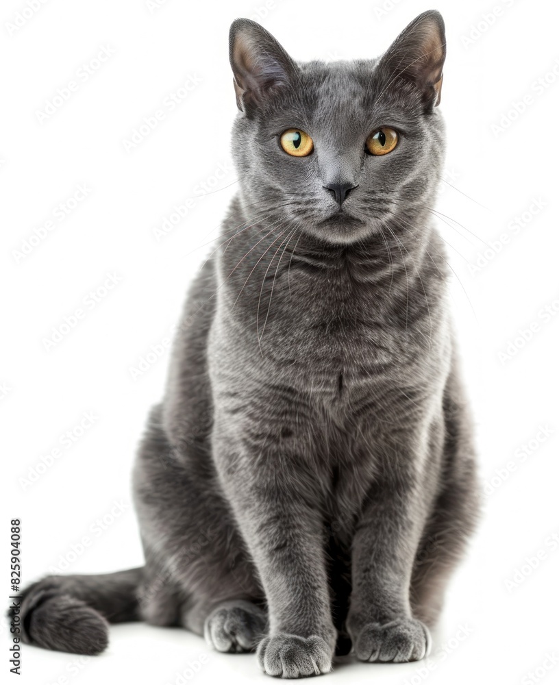 Adorable Gray Kitten Sitting and Looking Curiously at Camera Against White Background - Generative AI