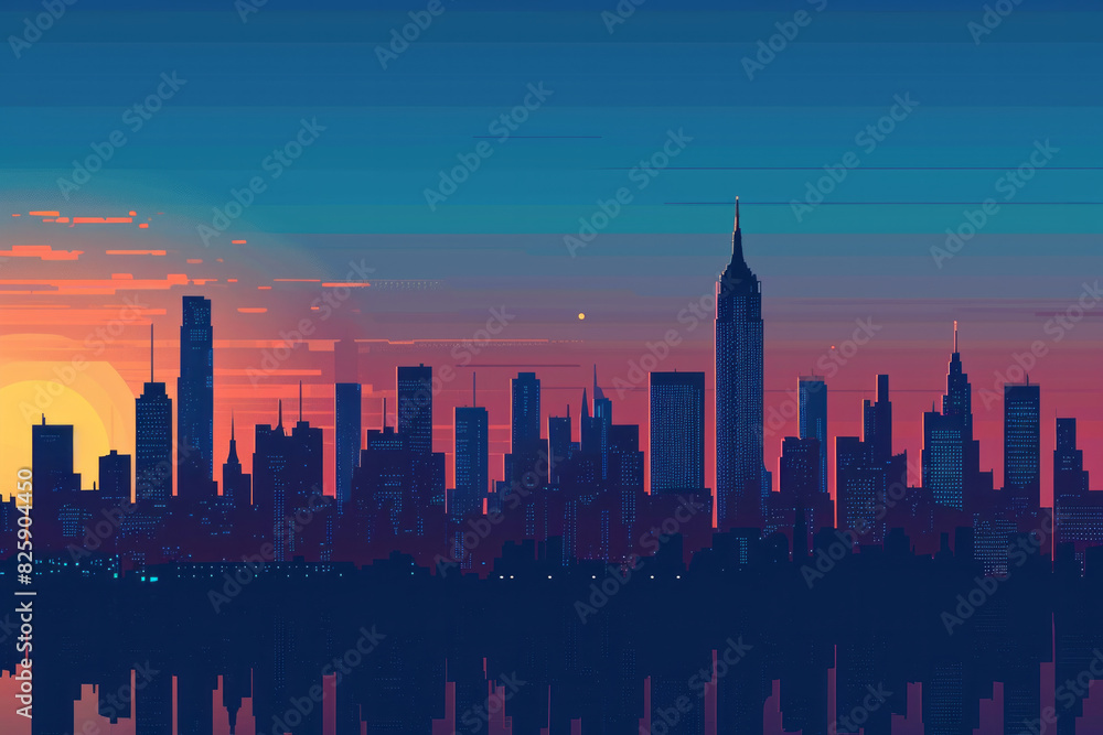 A city skyline stands in silhouette against a vibrant sunset in the background