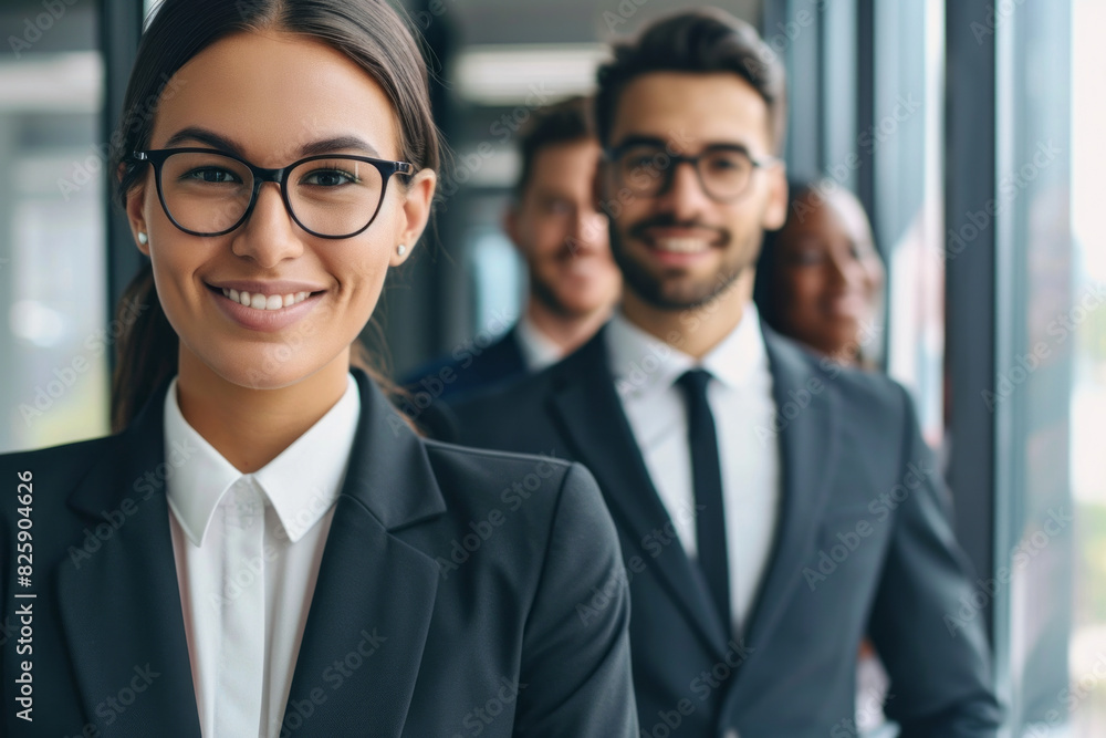 A group of professionals in formal business attire, standing together in a corporate setting A group of professionals in formal business attire, standing together in a corporate setting