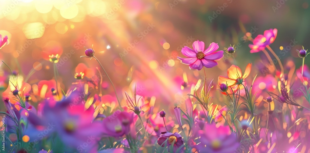 Beautiful Spring Background with Blooming Flowers and Warm Sunlight Creating a Dreamy Atmosphere - Generative AI