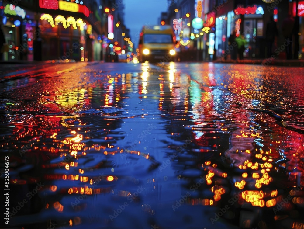 Obraz premium city road reflections, wet streets reflecting city lights at night