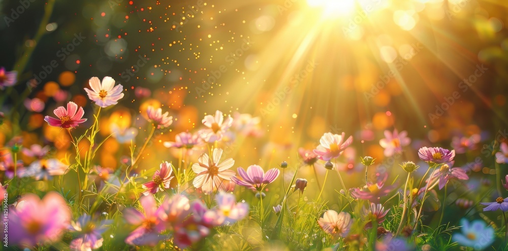 Beautiful Spring Background with Blooming Flowers and Warm Sunlight Creating a Dreamy Atmosphere - Generative AI Beautiful Spring Background with Blooming Flowers and Warm Sunlight Creating a Dreamy Atmosphere - Generative AI
