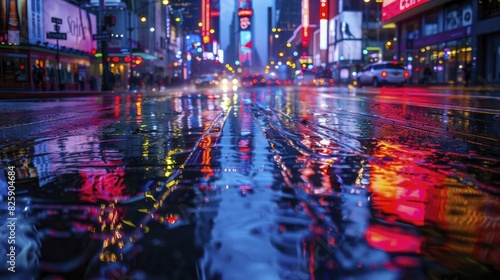 City street reflections, wet pavement reflecting the vibrant city lights at night, creating a mesmerizing scene.