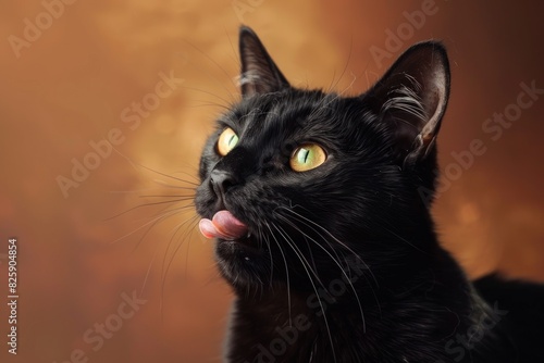 Charming Black Cat Licking Its Lips with Green Eyes and a Brown Background - Generative AI