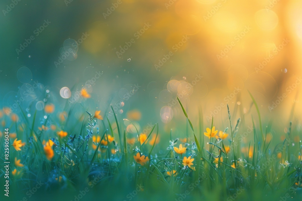 Sunset Over a Meadow of Vibrant Yellow Wildflowers with Golden Sunlight and Green Grass - Generative AI Sunset Over a Meadow of Vibrant Yellow Wildflowers with Golden Sunlight and Green Grass - Generative AI