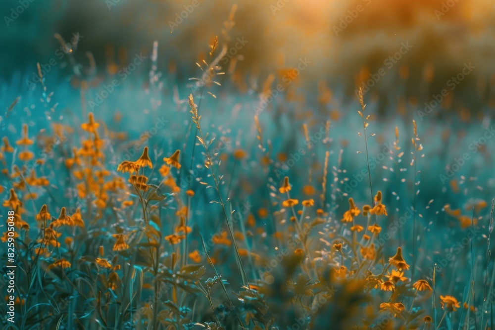 Sunset Over a Meadow of Vibrant Yellow Wildflowers with Golden Sunlight and Green Grass - Generative AI Sunset Over a Meadow of Vibrant Yellow Wildflowers with Golden Sunlight and Green Grass - Generative AI