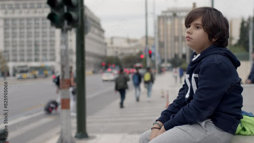 A young boy in a blue hoodie stands on a dirt path in a lush, green park, gazing seriously into the distance. A young boy in a blue hoodie stands on a dirt path in a lush, green park, gazing seriously into the distance.