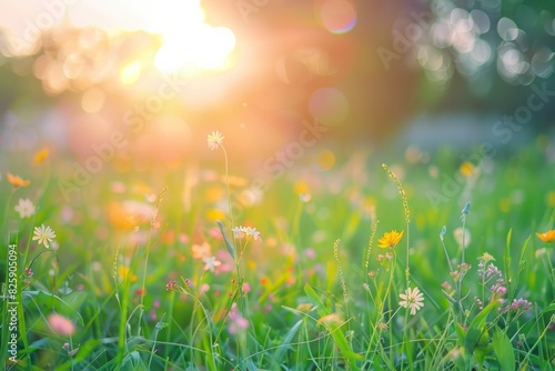 Sunset Over a Meadow of Vibrant Yellow Wildflowers with Golden Sunlight and Green Grass - Generative AI