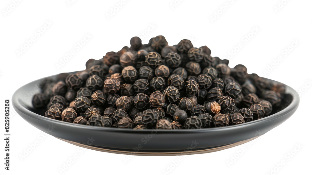 A bowl filled with black pepper grains neatly arranged on a plain white background A bowl filled with black pepper grains neatly arranged on a plain white background