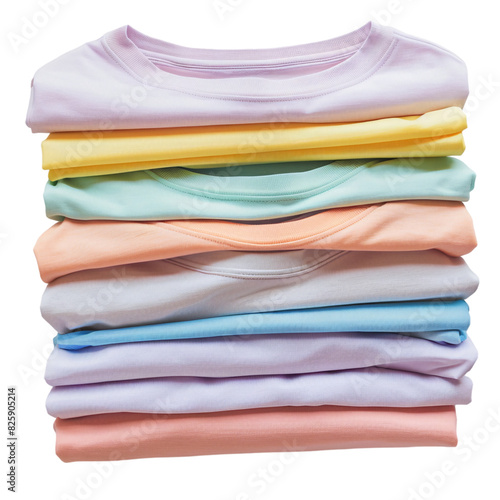 Stacked pastel color t-shirts on an isolated background