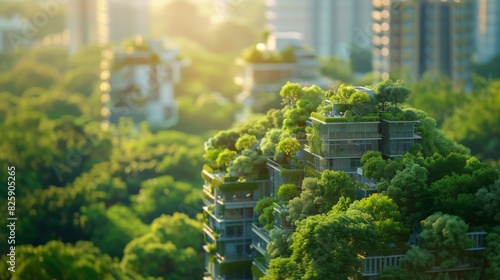Eco-friendly buildings within a forested urban area, with green rooftops and living walls, captured in soft focus to emphasize the sustainability and natural beauty of the environment.