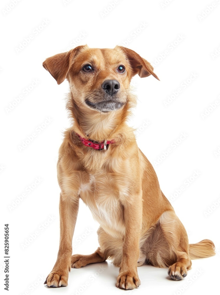 Charming Mixed Breed Dog with Red Collar Sitting and Looking Attentively at Camera on White Background - Generative AI