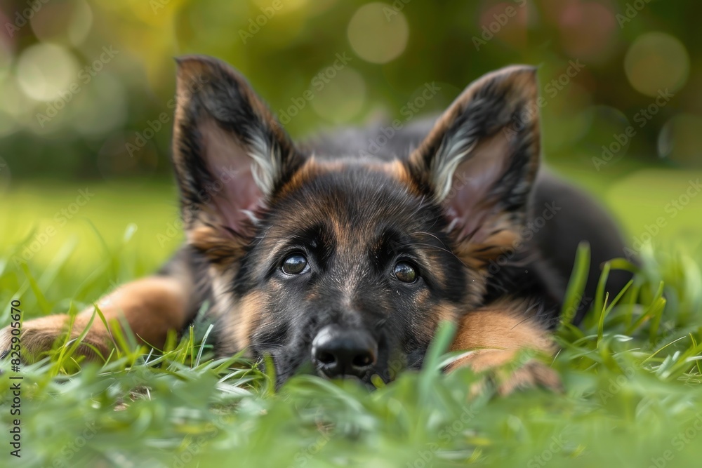 Adorable German Shepherd Puppy Lying on Green Grass with Curious Eyes and Floppy Ears - Generative AI Adorable German Shepherd Puppy Lying on Green Grass with Curious Eyes and Floppy Ears - Generative AI