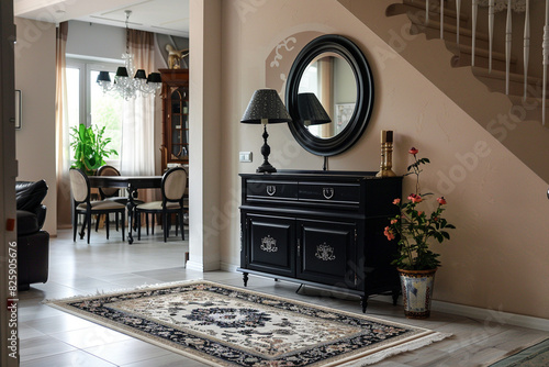 Classic entryway with black console table, round mirror, decorative lamp, and floral accents, creating a refined and welcoming atmosphere