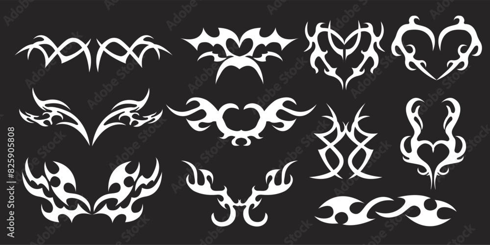 Set Neotribal y2k aesthetic tattoo gothic cover, flame or wings abstract silhouette isolated on background. Divider, border, cyber body ornament, neotribal web goth decoration Set Neotribal y2k aesthetic tattoo gothic cover, flame or wings abstract silhouette isolated on background. Divider, border, cyber body ornament, neotribal web goth decoration