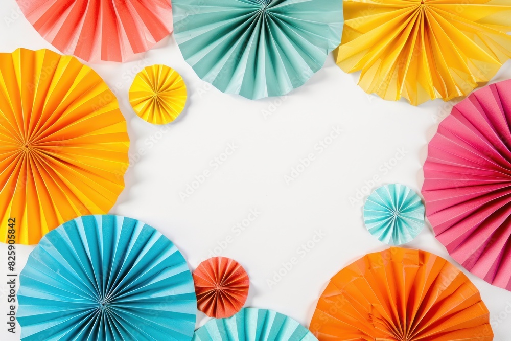 Obraz premium Colorful Paper Fans on White Background Creating a Festive and Vibrant Decor, Generative AI