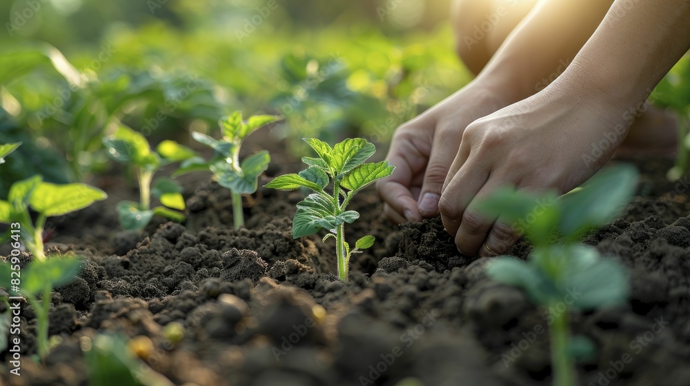 Practicing eco-friendly methods, hands are busy planting seeds for sustainable agriculture. Practicing eco-friendly methods, hands are busy planting seeds for sustainable agriculture.