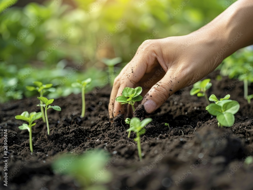 Environmental sustainability, hands planting seeds in rich, fertile soil. Environmental sustainability, hands planting seeds in rich, fertile soil.