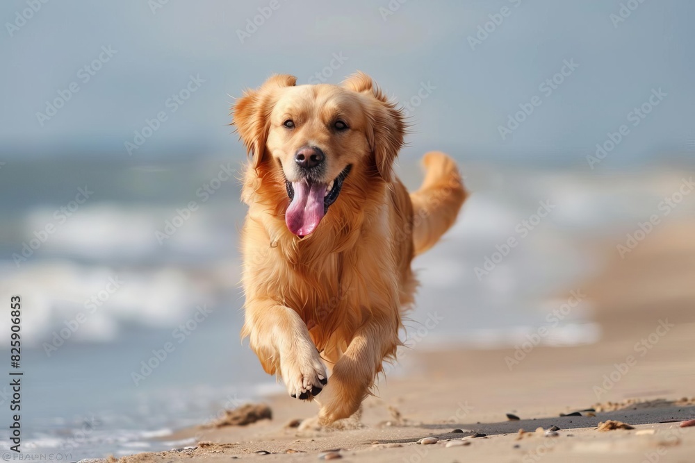 golden retriever joyfully running along the beach, tongue out and tail wagging, summer fun, isolated white background, copy space golden retriever joyfully running along the beach, tongue out and tail wagging, summer fun, isolated white background, copy space