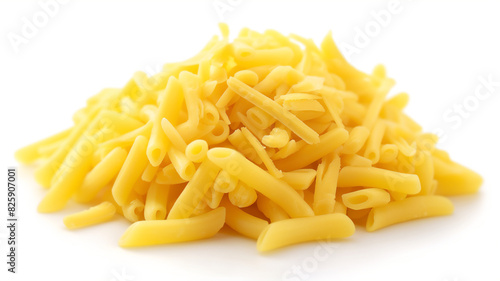 A pile of yellow pasta noodles on a white background, showcasing their smooth texture and vibrant color.