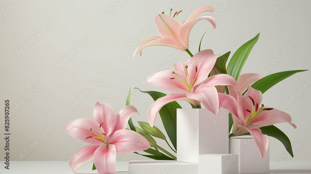 Elegant Composition of Pink Lilies on White Background for Product Display