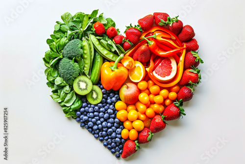 Colorful arrangement of fruits and vegetables in the shape of heart.