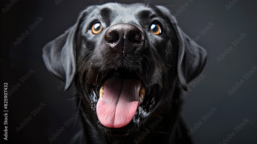 Close-up of a happy black Labrador Retriever with tongue out. Beautiful dog portrait. Black background. Perfect for pet lovers and promotional use. Studio photography. AI Close-up of a happy black Labrador Retriever with tongue out. Beautiful dog portrait. Black background. Perfect for pet lovers and promotional use. Studio photography. AI