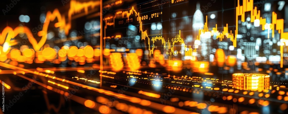 Abstract digital stock market background with data, charts, and financial graphs emitting orange light in a futuristic cityscape. Abstract digital stock market background with data, charts, and financial graphs emitting orange light in a futuristic cityscape.