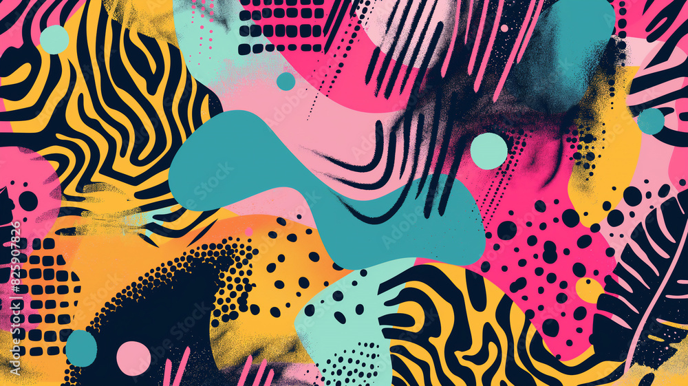 Vibrant abstract design with colorful shapes and patterns, featuring turquoise, pink, yellow, and black elements.