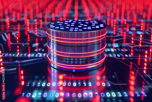 3D Rendering of Digital Database Icon Surrounded by Binary Code 
