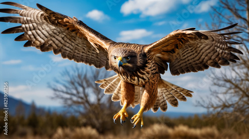 Bird of prey such as hawk or eagle soars through the sky with its wings fully spread out. photo