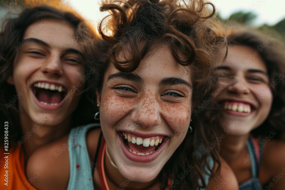 A group of young women happily laughing and enjoying each others company A group of young women happily laughing and enjoying each others company